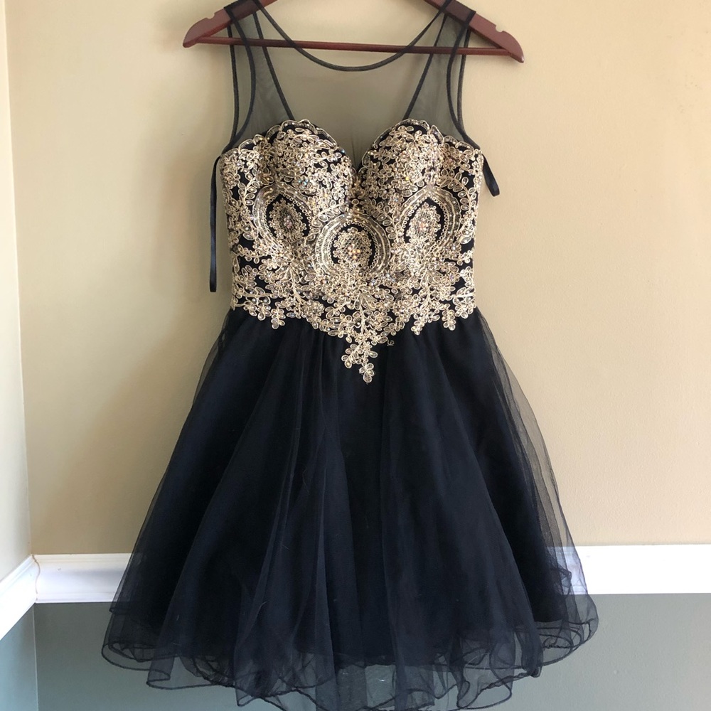 Knee length homecoming dress embroidered black